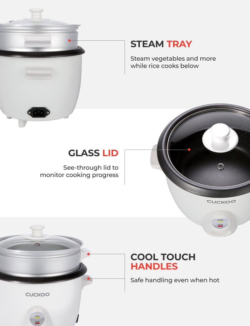 Cuckoo One Touch Rice Cooker 12-Cup Cooked, Small Rice Cooker & Warmer with Steamer Tray, Versatile Grain Cooker, Soup Maker, Auto Keep Warm, 6-Cup Uncooked, White (CR-0601C) - Image 5